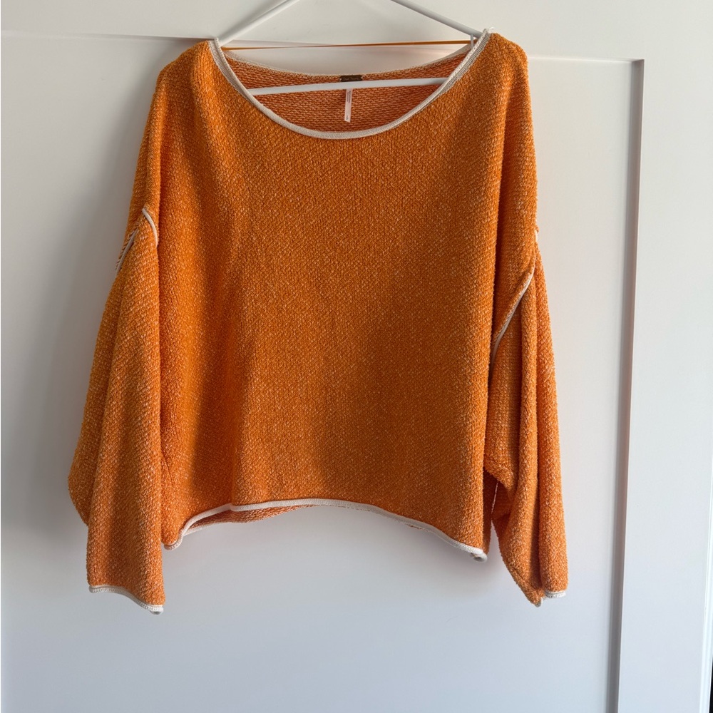 Free People Orange Scoop-Neck Relaxed Knit Sweater with Cream Trim
